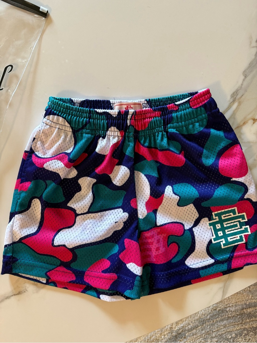 Eric Emanuel Boys youth small Camo Mesh Shorts - Teal, Pink & White
